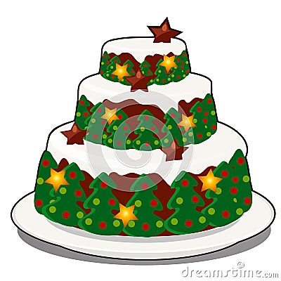 Christmas layered biscuit cake covered with whipped cream isolated on white background. Sample of poster, party holiday Vector Illustration