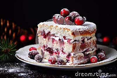 Christmas layered cake with cranberries and powdered sugar Stock Photo