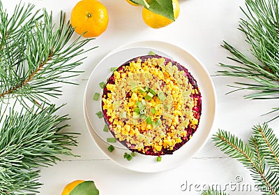 Christmas layered vegetable salad with herring and boiled vegetables, Christmas layered vegetable salad with herring and boiled Stock Photo