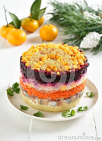 Christmas layered vegetable salad with herring and boiled vegetables, Christmas layered vegetable salad with herring and boiled Stock Photo