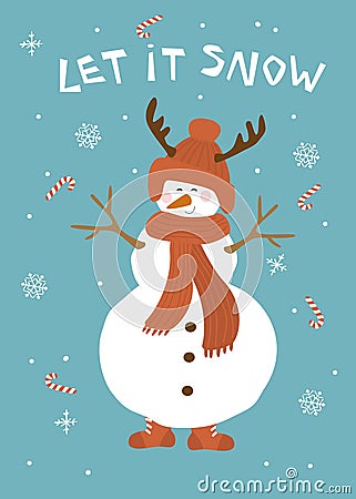 Christmas let it snow greeting card with cute snowman over blue background vector illustration Vector Illustration