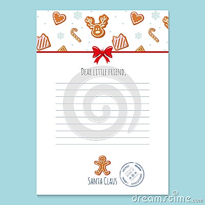 Christmas letter from Santa Claus template. layout in A4 size. Pattern with gingerbread cookies added in swatches. Vector Illustration