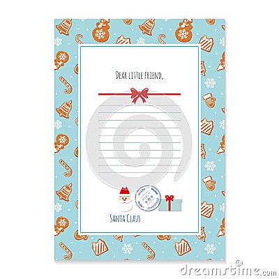 Christmas letter from Santa Claus template. layout in A4 size. Pattern with gingerbread cookies added in swatches. Vector Illustration