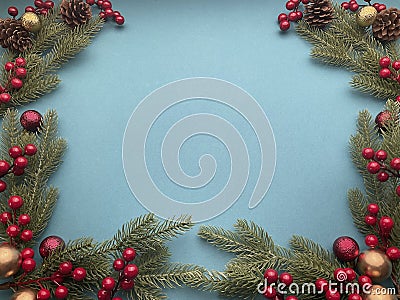 Christmas light blue background with fir and ornaments decor Stock Photo