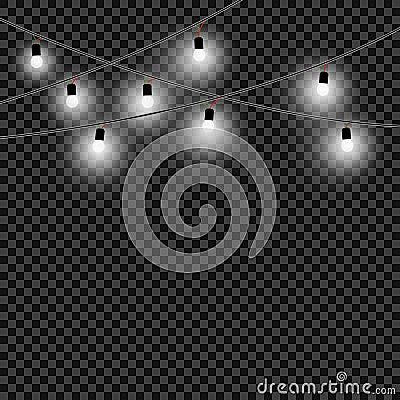 Christmas light bulbs. A set of white lights and decorative objects. White xmas glowing garlands, homemade. Vector, isolated. Vector Illustration