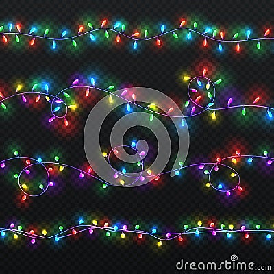 Christmas light garlands. Xmas vector decoration with colorful lightbulbs isolated Vector Illustration