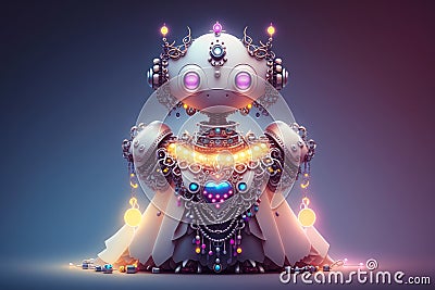 Cinematic Shot: Stunningly Detailed Cute Robot in Designer Ballgown and Diamonds Stock Photo