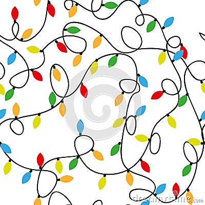 Christmas lights background. Seamless pattern with colorful watercolor garland of light bulbs. Vector Illustration