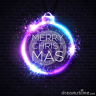 Christmas lights background. Xmas neon letters. Vector Illustration