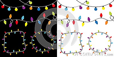 Christmas lights big set. Round and square empty frame. Colorful string fairy light. Holiday festive round xmas decoration. Vector Illustration