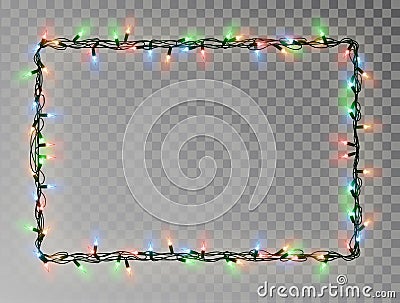 Christmas lights border vector, light string frame isolated on dark background with copy space. Tran Vector Illustration