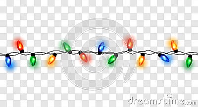 Christmas Lights. Colorful Christmas frame with light bulb. Christmas lights decorative garland. Multicolored Garland Lamp Bulbs Vector Illustration