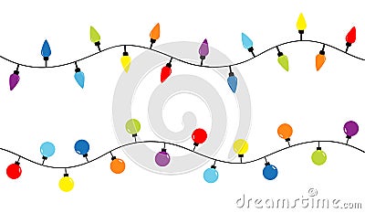 Christmas lights. Colorful string fairy light set. Holiday festive xmas decoration. Lightbulb glowing garland. Round cone shape. Vector Illustration