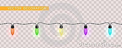 Christmas Lights. Colorful Xmas Garland. Red, green, yellow, purple and blue glow light bulbs on wire string isolated on checkered Vector Illustration