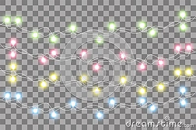 Christmas lights. Colorful Xmas garland. Vector red, yellow, blue and green glow light bulbs on wire strings isolated Vector Illustration