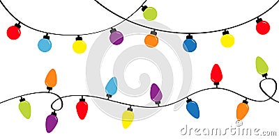 Christmas lights. Holiday festive xmas decoration. Colorful string fairy light set. Lightbulb glowing garland. Rainbow color. Flat Vector Illustration