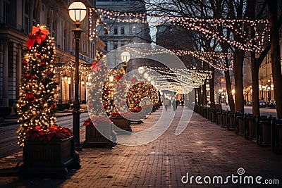 Christmas lights illuminating a city street or park at night. Stock Photo