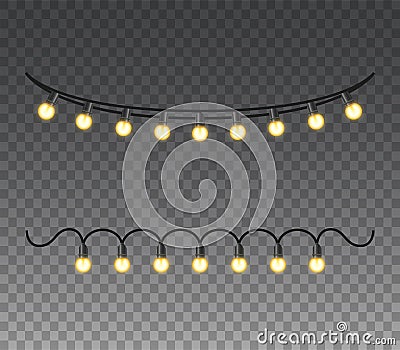 Christmas lights isolated realistic design elements. Glowing lights for christmas Holiday greeting card design. Garlands, Editorial Stock Photo