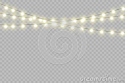 Christmas lights isolated realistic design elements. Glowing lights for Xmas Holiday cards, banners, posters, web design. Vector Illustration