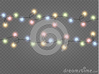 Christmas lights isolated realistic design elements. Glowing lights for Xmas Holiday cards, banners, posters, web design Vector Illustration