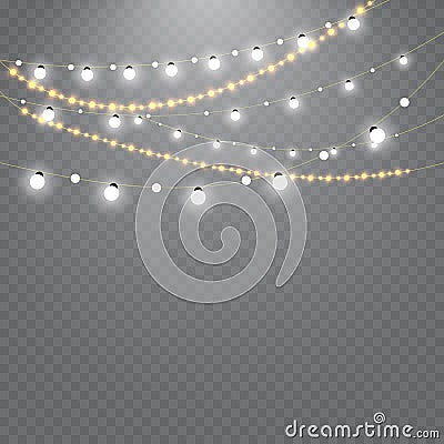 Christmas lights isolated on transparent background. Set of golden xmas glowing garland. Vector illustration Vector Illustration