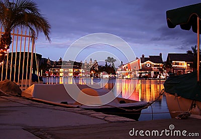 Christmas Lights on Lake Seen From Boat Dock Stock Photo