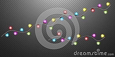 Christmas lights, light bulbs, colorful glowing garlands, Christmas lights decoration, holiday decorations on a brick wall. Vector Illustration