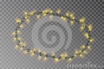 Christmas lights oval border vector, light string frame isolated on background with copy space. Transparent decorative garland. Cartoon Illustration