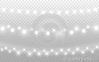 Christmas lights. Silver garlands with glow effect. Xmas decoration for greeting card or poster. White realistic bulbs Vector Illustration