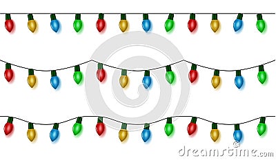 Christmas lights string vector, color garland set isolated on white. Garland balls seamless. Hanging Vector Illustration
