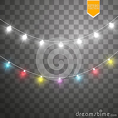 Christmas lights on transparent background. Xmas glowing garland. Vector illustration Vector Illustration