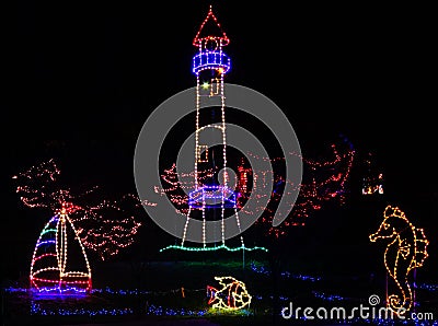 Christmas Lights - Tropical Lighthouse Theme Stock Photo