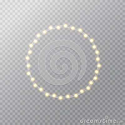 Christmas lights wreath. Glowing gold xmas garland. Merry Christmas luxury frame. Holiday design for greeting card Vector Illustration