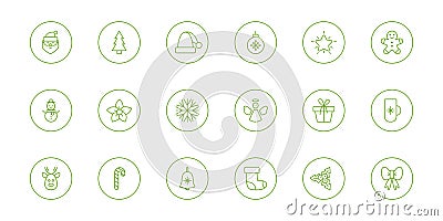 Christmas line art set. Cute traditional Holiday icons collection. Outline design elements with snowflake, santa, star, christmas Vector Illustration