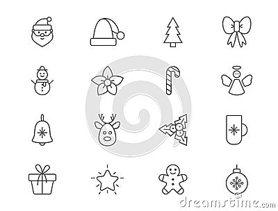 Christmas line art set. Outline design elements with snowflake, santa, star, christmas tree, ball, sock, gift box, candy Vector Illustration