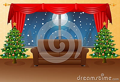 Christmas living room with armchair, fir tree and red curtain Vector Illustration