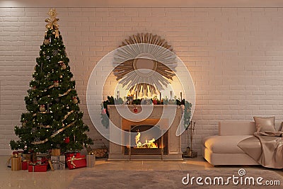 Christmas living room with fireplace, tree and presents Cartoon Illustration