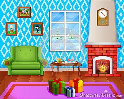 Christmas living room with a tree and fireplace Vector Illustration