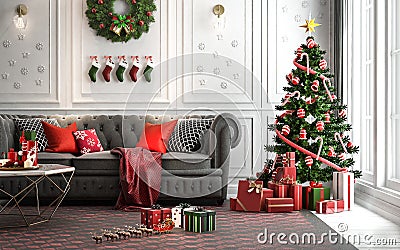 Christmas living room with a christmas tree and presents under i Cartoon Illustration