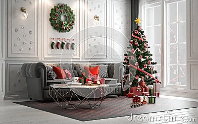 Christmas living room with a christmas tree and presents under i Cartoon Illustration