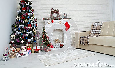 Christmas living room with a christmas tree and presents under it - modern classic style, new year concept Stock Photo