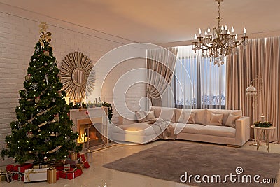 Christmas livingroom with fireplace, tree and presents Cartoon Illustration