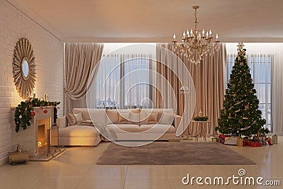 Christmas livingroom with fireplace, tree and presents Cartoon Illustration