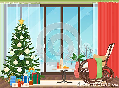 Christmas livingroom flat interior with rocking chair vector illustration. Christmas New Year tree. Winter landscape Vector Illustration