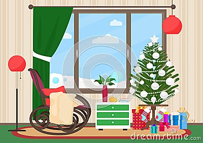 Christmas livingroom flat interior with rocking chair vector illustration. Christmas New Year tree. Winter landscape Vector Illustration