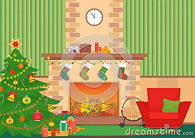 Christmas livingroom flat interior vector illustration. Christmas New Year tree and fireplace with socks. Christmas wall Vector Illustration