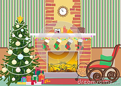 Christmas livingroom flat interior vector illustration. Christmas New Year tree and fireplace with socks. Christmas wall Vector Illustration