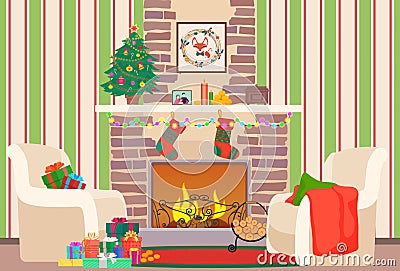 Christmas livingroom flat interior vector illustration. Christmas New Year tree and fireplace with socks. Christmas wall Vector Illustration