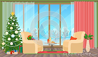 Christmas livingroom flat interior vector illustration. Christmas New Year tree. Winter outside. Vector Illustration