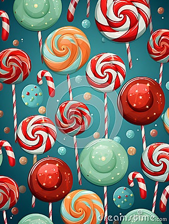 Christmas lollipops background. Merry Christmas and Happy New Year poster with christmas candies set flying over turquoise Stock Photo